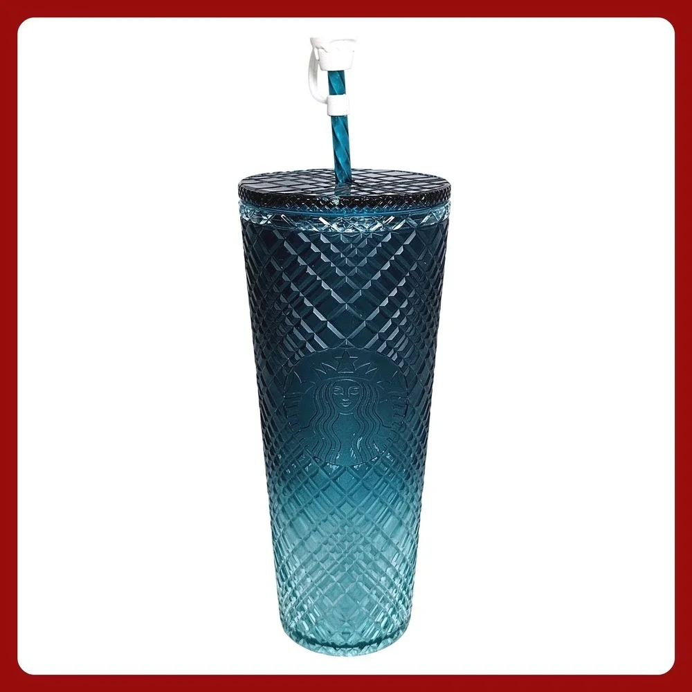 Starbucks Venti Tumbler 24oz Teal Blue Ombre Diamond Grid Cold Cup 2021 Collecti